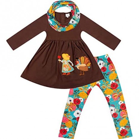 Boutique Clothing Girls Fall Colors Thanksgiving Turkey Day Top Leggings Scarf Outfit 3-pc Sets