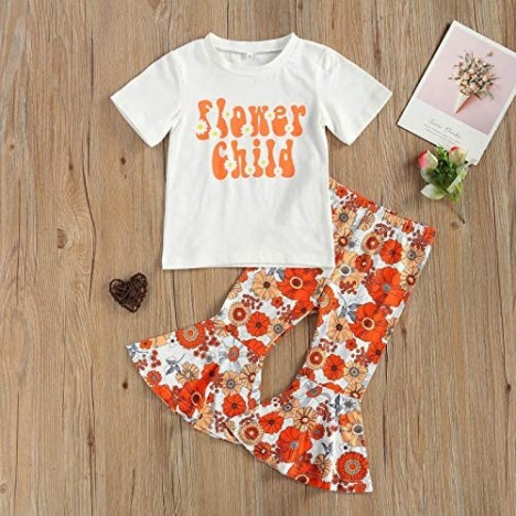 Kid Toddler Girl Outfit Short Sleeve Tassel T-Shirt Top Sunflower Print Flare Pants 2pc Spring Summer Clothes Set