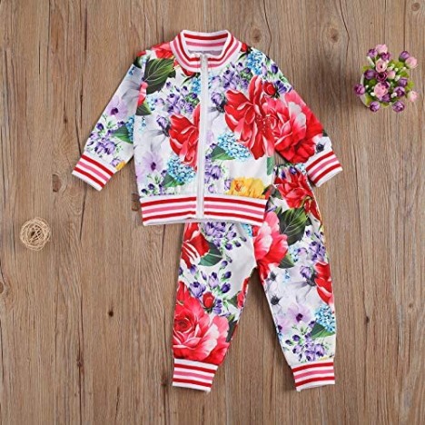 Kids Little Toddler Girl Two Piece Tracksuit Floral Zip Up Jacket Long Pants Active Sweatsuit Set