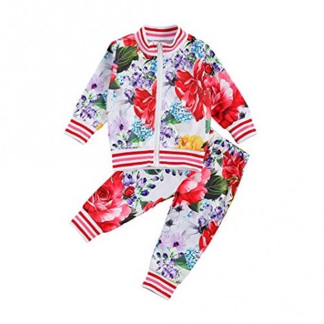 Kids Little Toddler Girl Two Piece Tracksuit Floral Zip Up Jacket Long Pants Active Sweatsuit Set
