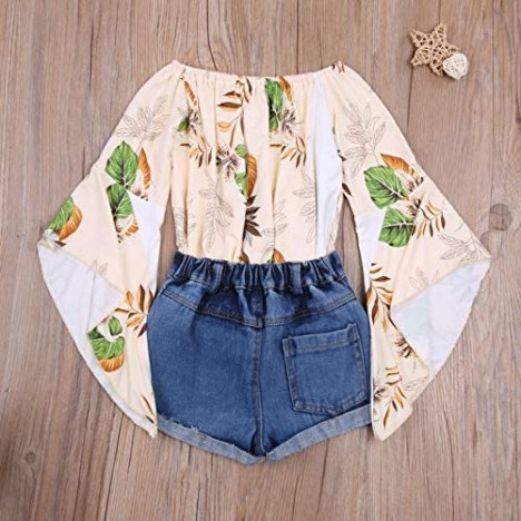 Summer Little Kids Toddler Girl Clothes Jeans Outfit Boat-Neck Bat Sleeve Floral Tops+Ripped Denim Shorts 2PCS Clothing Set