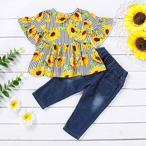 Toddler Baby Girl Clothes Infant Little Girl Outfit Ruffle Shirt Ripped Denim Jeans Pants Set Summer Clothes for Girls