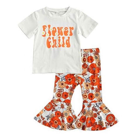 Toddler Girl Floral Bell Pants Set T-Shirt Tops Floral Bell Bottoms Pants Set Floral Flare Pants 2pcs Outfit