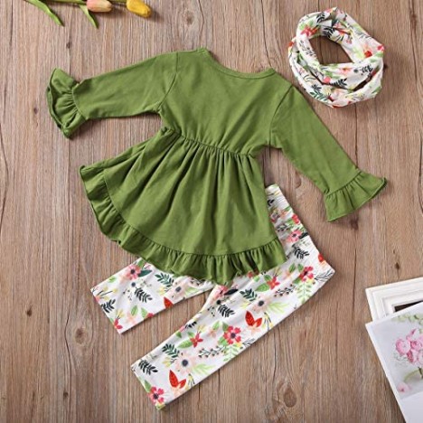 Toddler Little Girl Fall Outfit Ruffle Long Sleeve Tunic Top Dress & Long Pants with Headband Clothes Set