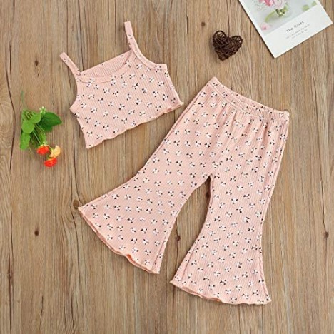 WASAIGOOD Toddler Girl Flared Pants Set for Girls 2Pcs Crop Tops Short T-Shirt Bell Bottoms Summer Clothes Outfits