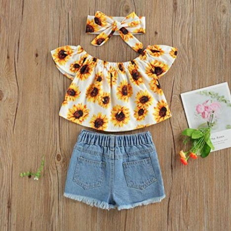 Fanvereka Toddler Baby Girl Clothes Sunflower Print Ruffles Tops and Ripped Denim Shorts Girl Summer Outfit
