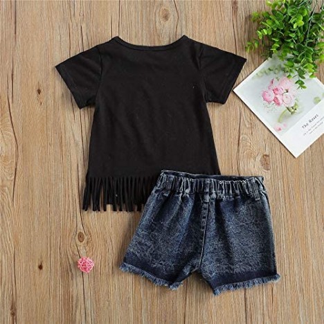 Fashion Toddler Little Girls Summer Shorts Outfits Fringe Tops T-Shirt and Ripped Jean Shorts Clothes Set