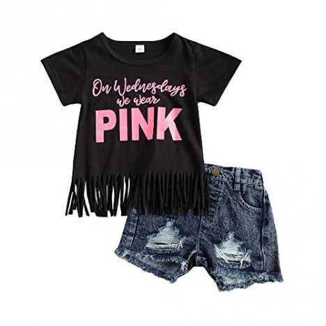 Fashion Toddler Little Girls Summer Shorts Outfits Fringe Tops T-Shirt and Ripped Jean Shorts Clothes Set