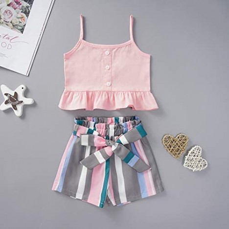 Kids Little Baby Girls Ruffled Sling Halter Pink Crop Top + Rainbow Bow Shorts Outfit Clothes Set