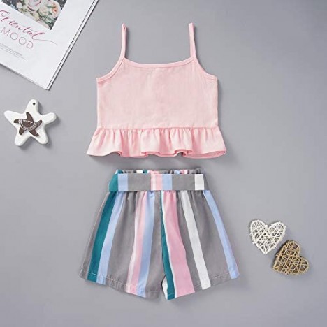Kids Little Baby Girls Ruffled Sling Halter Pink Crop Top + Rainbow Bow Shorts Outfit Clothes Set