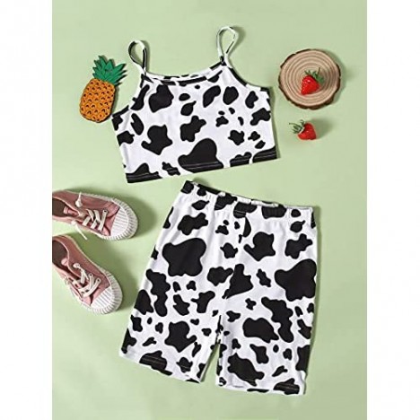 Milumia Girl's 2PCS Outfit Cow Print Cami Crop Top and Elastic Waist Biker Shorts Set