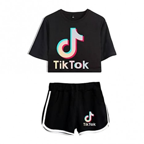 QNDSQN Women's Fashion T-Shirt TIK Girl T-Shirt with Shorts 2pcs Set Cute Music Logo Short Sleeve Shorts Set