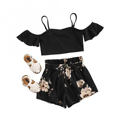SOLY HUX Girl's 2 Piece Outfits Floral Print Cold Shoulder Crop Top and ...