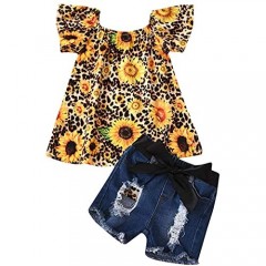 Toddler Baby Girls Sunflower Ripped Denim Shorts Set Leopard Tops+Jeans Pant 2PC