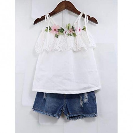 Toddler Kids Girl Clothes Outfits Floral Ruffled Sling Vest Top Jeans Shorts Summer Clothes Set for Little Girl