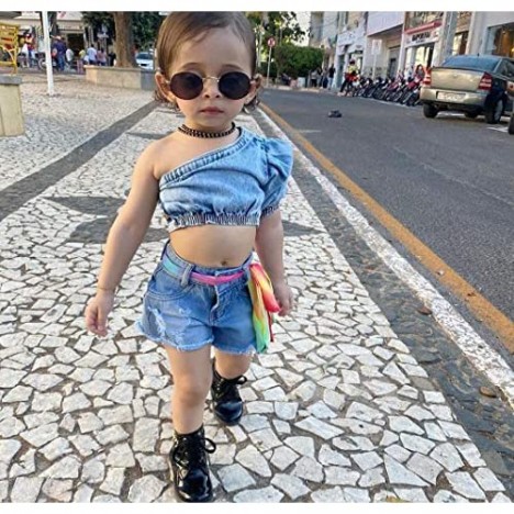 Toddler Tunic Blouse Single Shoulder Crop Tops Denim Shorts Little Girls Ripped Jeans Tassel Shorts Pants Summer Outfit