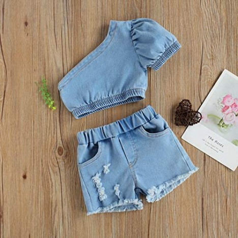 Toddler Tunic Blouse Single Shoulder Crop Tops Denim Shorts Little Girls Ripped Jeans Tassel Shorts Pants Summer Outfit