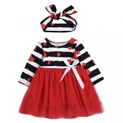 2PCS Toddler Baby Girls Valentine's Day Outfits Ruffle Long Sleeve Love Heart Tops+Plaid Suspender Skirt Set