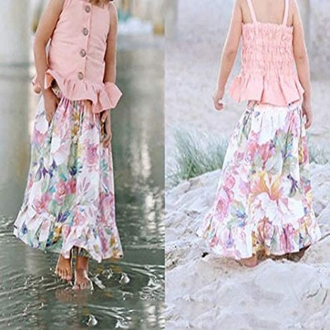 2Pcs Toddler Kids Girl Summer Outfit Button Down Sleeveless Crop Top Boho Flroal Ruffle Skirt Set