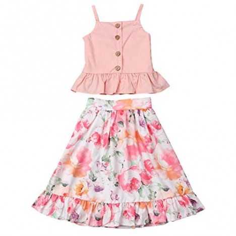 2Pcs Toddler Kids Girl Summer Outfit Button Down Sleeveless Crop Top Boho Flroal Ruffle Skirt Set