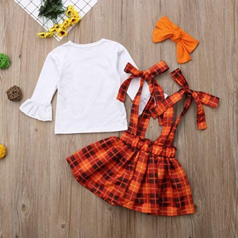 3PCS Toddler Baby Girls Thanksgiving Outfit Ruffle Sleeve Little Turkey Tops+Suspender Plaid Skirt Set
