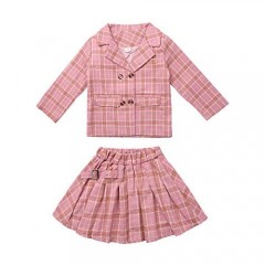 Agoky Kids Girls 2PCS Plaid Suit Long Sleeve Lapel Collar Jacket Tops with Pleated Mini Skirt School Uniform Outfit Set