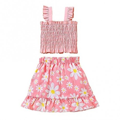 Cold Shoulder Frill Smocked Sleeveless Top and Floral Ruffle Skirt Sets for Girl