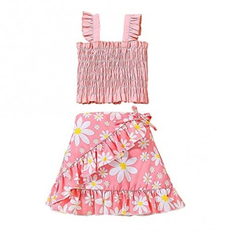 Cold Shoulder Frill Smocked Sleeveless Top and Floral Ruffle Skirt Sets for Girl