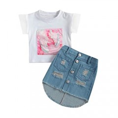 FUFUCAILLM 2 Pcs Toddler Kids Girl Outfits Shoe Pattern Short Sleeve T-Shirt + Asymmetric Ripped Denim Skirt with Pocket