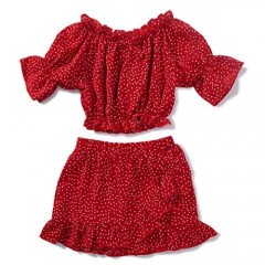Girls Summer Polka Dot Chiffon 2Pcs Set Outfit Short-Sleeved Top Skirt Ruffled Thin Red Skirt