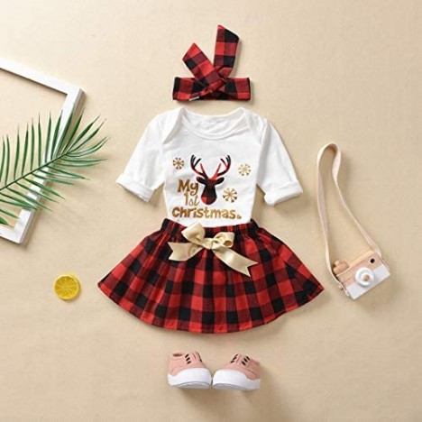 iFCOW Newborn Girl Baby Christmas Clothes Long Dress Tutu Dress Christmas Suit Top and Skirt with Turban