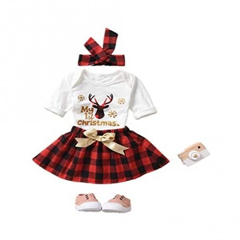 iFCOW Newborn Girl Baby Christmas Clothes Long Dress Tutu Dress Christmas Suit Top and Skirt with Turban