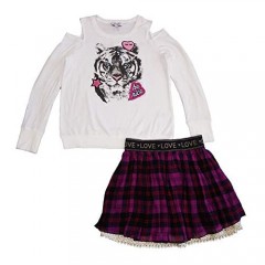 Jessica Simpson Girl's Graphic Cold-Shoulder Top and Skirt Set White Tiger/Pink Plaid (Large (14/16))