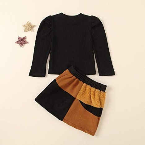 Kids Toddler Girl Skirt Set Long Sleeve Knitted Top Patchwork Skirt Fall Winter 2Pcs Outfits Clothes Set