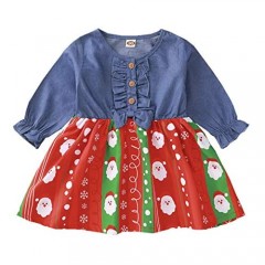 Little Girls Princess Dresses Long Sleeve Denim Tops Christmas Santa Claus Printed Tutu Skirts One-Piece Outfit 1-4T