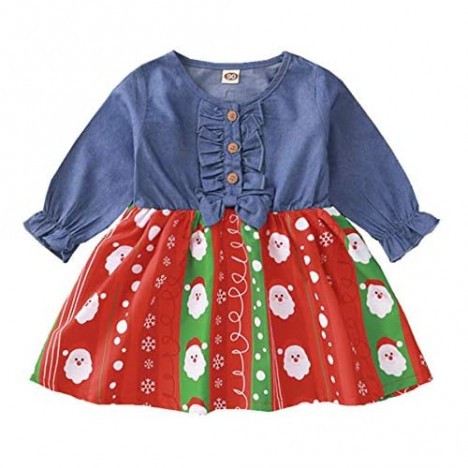 Little Girls Princess Dresses Long Sleeve Denim Tops Christmas Santa Claus Printed Tutu Skirts One-Piece Outfit 1-4T