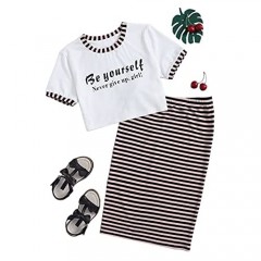 MakeMeChic Girl's 2pcs Outfits Letter Round Neck Short Sleeve Tee Top Shirt and Striped Midi Skirt Set