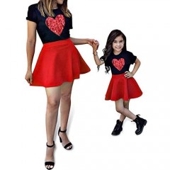 PopReal Mommy and Me Outfits Tshirt Skirt Set Sequined Sparkely Heart Print Short Sleeve Matching Dresses