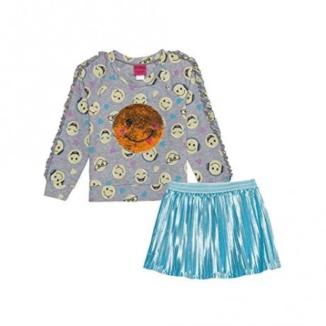 Reversible Flip Sequin Emoji Sweatshirt and Pleated Skirt 2 Piece Outfit Set for Little and Big Girls (6/6X (S))