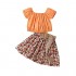 Romwe Girl's 2 Piece Skirt Outfit Short Sleeve Crop Top and Floral Belted Skirts Set