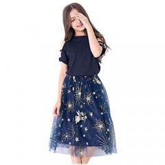Teen Girls' 2 Piece Set Cold Shoulder Tops Star Printed Tulle Midi Skirts
