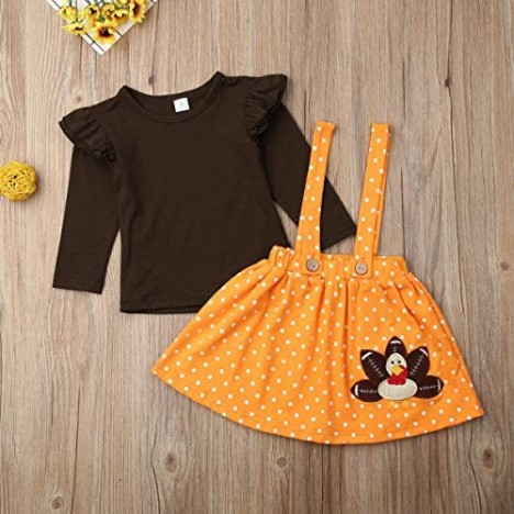 Toddler Baby Girls Thanksgiving Outfits Ruffle Shirt Top + Suspender Plaid Skirt Dress Turkey Overalls Clothes Sets