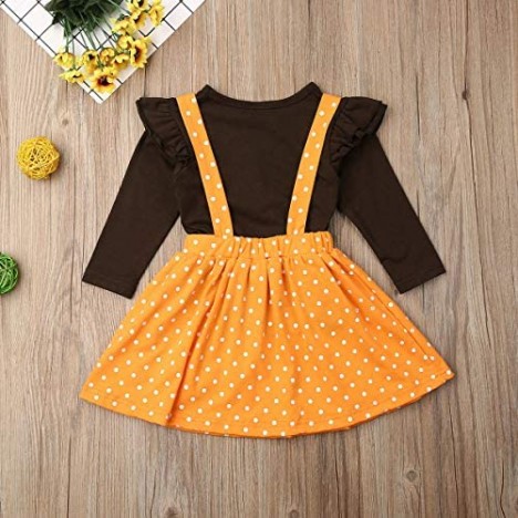 Toddler Baby Girls Thanksgiving Outfits Ruffle Shirt Top + Suspender Plaid Skirt Dress Turkey Overalls Clothes Sets