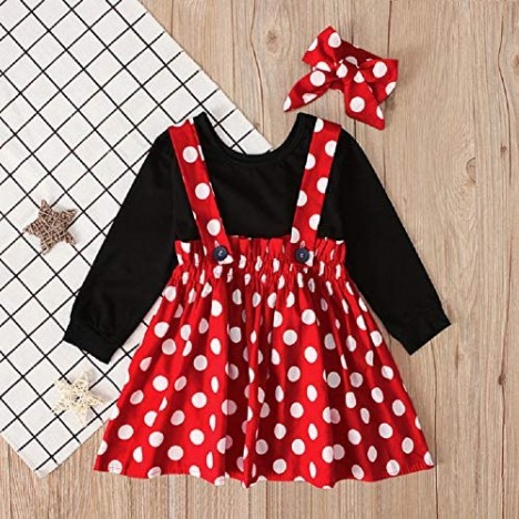 YDuoDuo 1-6T Baby Toddler Little Girl Spring Summer Fall Outfits T-Shirt Polka Dots Suspender Skirts + Headband Clothes Set