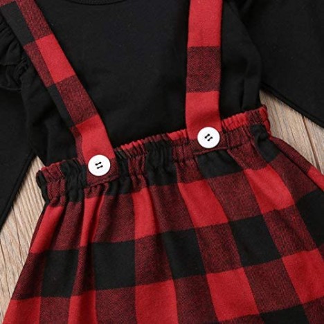 YDuoDuo 1-6T Baby Toddler Little Girls Xmas Spring Fall Outfits Long Sleeve Ruffle T-Shirt Plaid Suspender Skirts Clothes Set