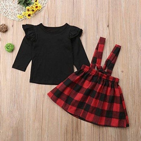 YDuoDuo 1-6T Baby Toddler Little Girls Xmas Spring Fall Outfits Long Sleeve Ruffle T-Shirt Plaid Suspender Skirts Clothes Set