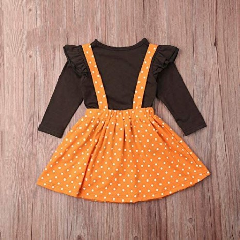 Yokidi Thanksgiving Suspender Skirt for Baby Toddler Girl Long Sleeve Ruffle Top + Dot Turkey Suspender Dress Outfits Set