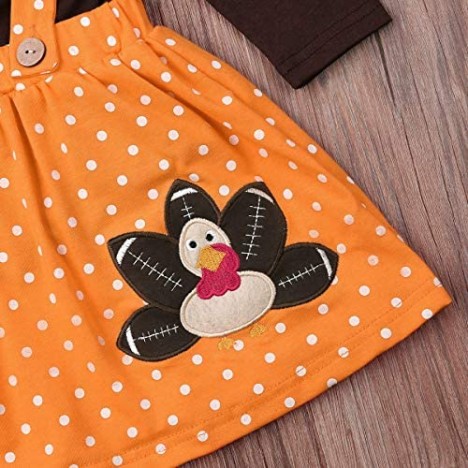 Yokidi Thanksgiving Suspender Skirt for Baby Toddler Girl Long Sleeve Ruffle Top + Dot Turkey Suspender Dress Outfits Set