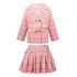 YUUMIN Kids Girls Pink Plaid Suit Lapel Collar Long Sleeves Double-Breasted Tops with Pleated Skirt Set