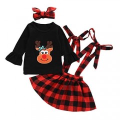 YUUMIN Kids Girls Xmas Outfits Flared Sleeves Elk Applique Tops Plaid Suspenders Skirt with Headband Set